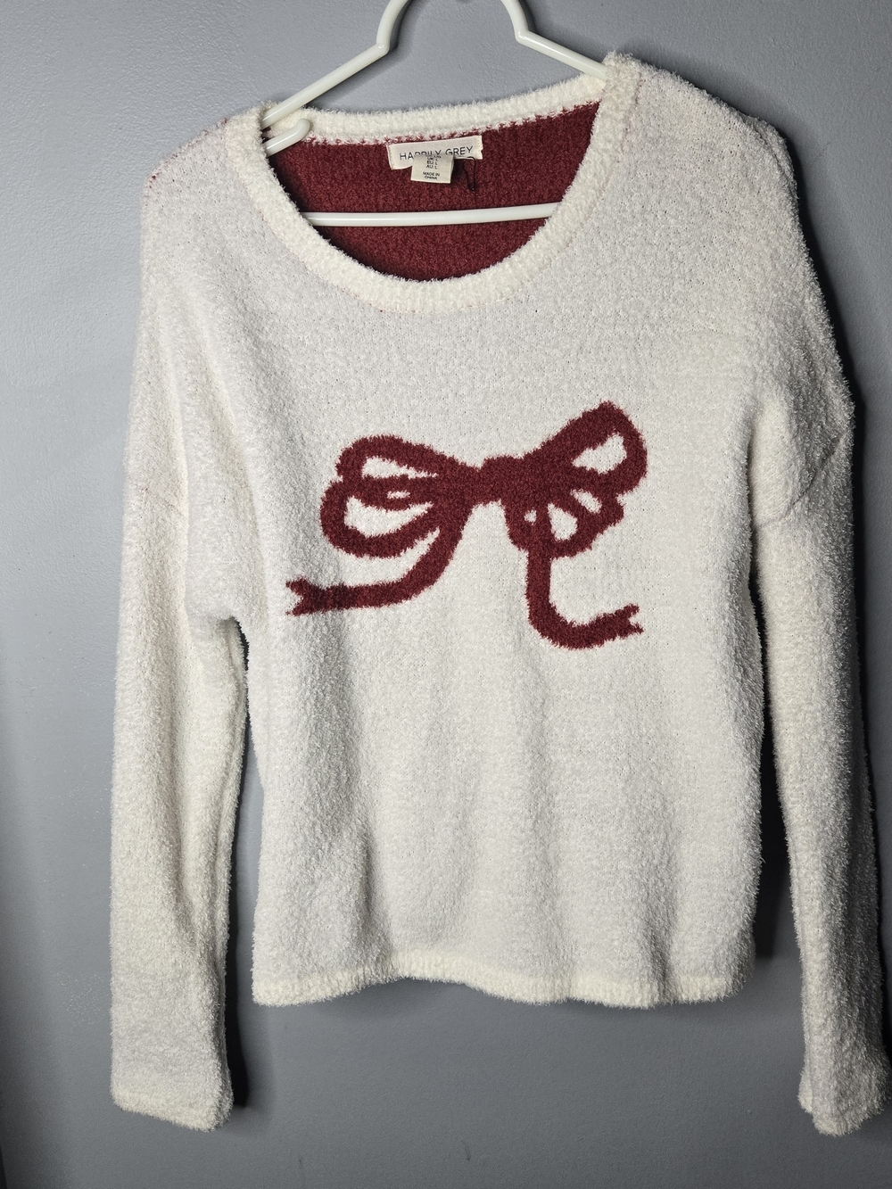 Happily Grey Cozy Soft Knit Bow Holiday Sweater Ivory & Burgundy Women's Large